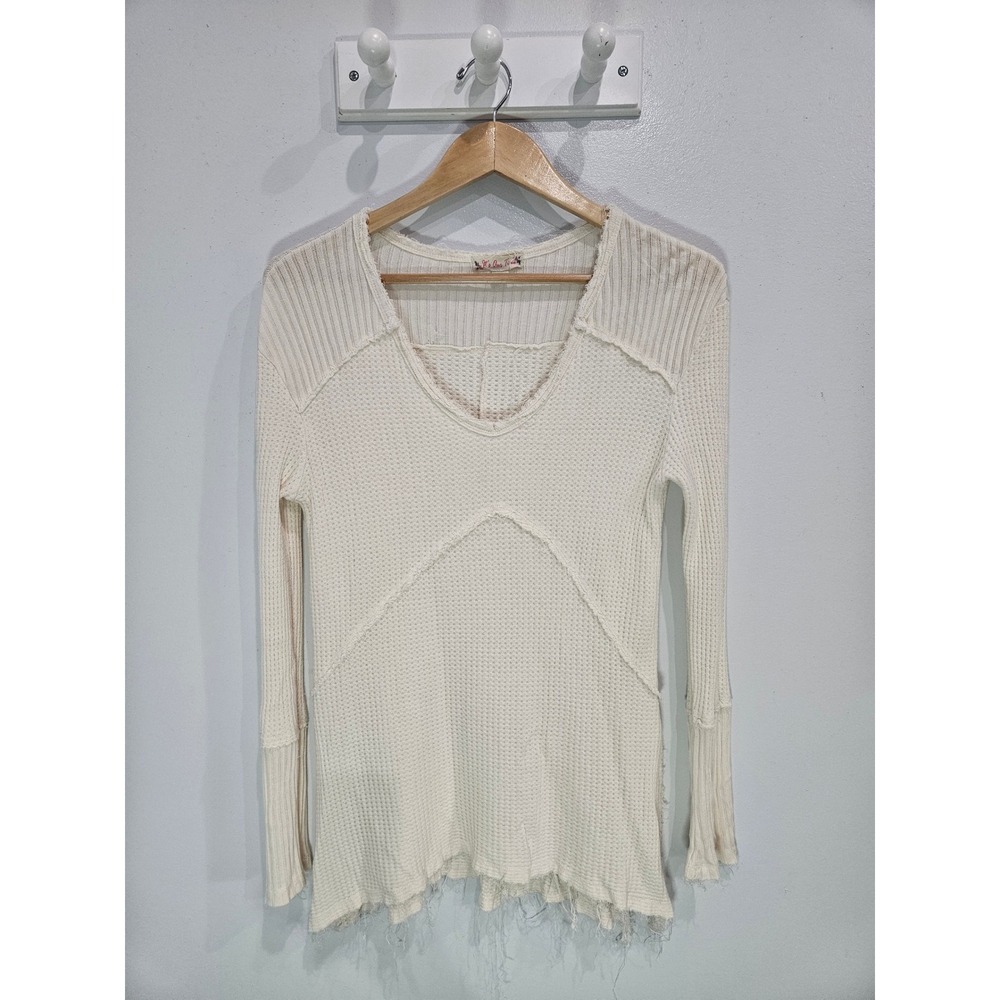 It's Our Time Cream Waffle Knit Raw Hem V-Neck Top XL Bohemian Grunge